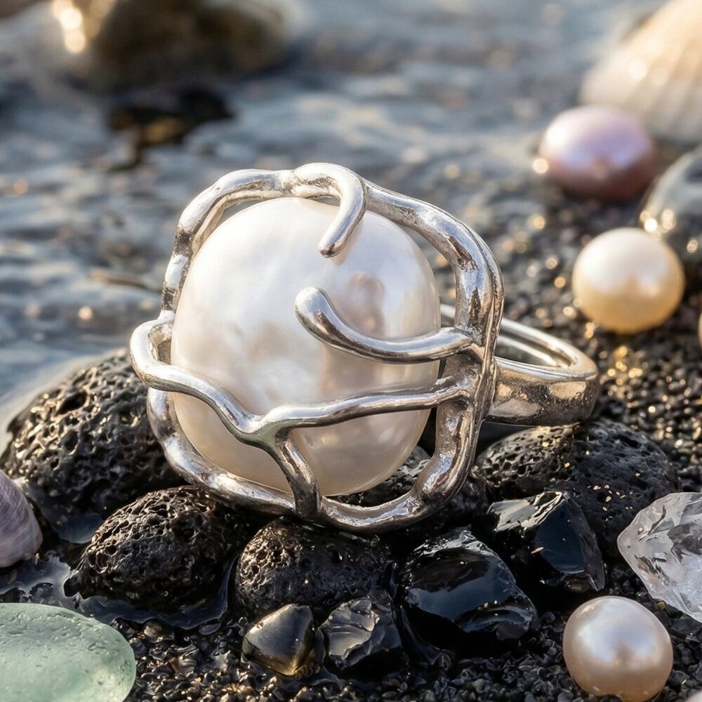 925 Sterling Silver Sculptural Faux Baroque Pearl Statement Ring Adjustable 6-9 - Picture 9 of 16